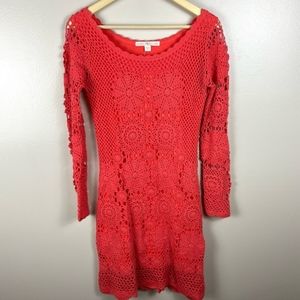 Boston Proper Long Sleeve Crochet Over Tank Lining Coral Reef Cotton Dress